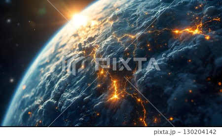 A stunning depiction of Earth from space, brightly illuminated by the sun, highlighting the planet's vibrant colors against the dark universe 130204142