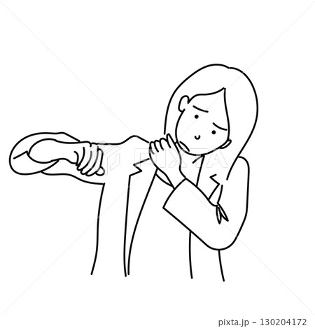 イラスト素材: 肩こりに悩む女性のモノクロ線画ベクター 130204172