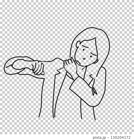 イラスト素材: 肩こりに悩む女性のモノクロ線画ベクター 130204172