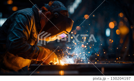 工場で溶接作業を行う作業員と飛び散る火花 130204197