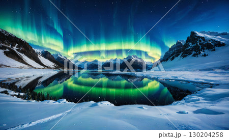 湖面に映るオーロラと雪山の絶景パノラマ 130204258