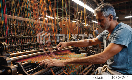 熟練の職人技と伝統｜織物工場で働く真剣な横顔 130204264