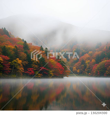 霧のかかる紅葉の山々 霧のかかる紅葉の山々 130204300