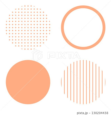 丸い円の幾何学的な図形イラスト素材　肌色橙　シンプルなドット柄とストライプ縞　ベクターpng透明 130204438