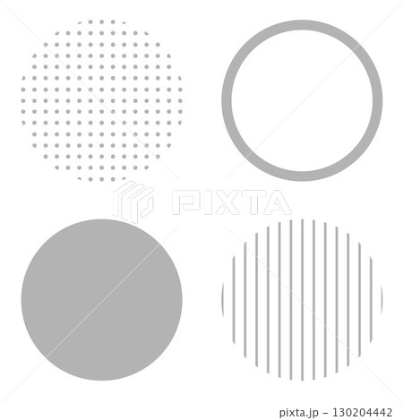 丸い円の幾何学的な図形イラスト素材　灰色グレー　シンプルなドット柄とストライプ縞　ベクターpng透明 130204442