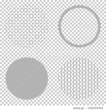 丸い円の幾何学的な図形イラスト素材　灰色グレー　シンプルなドット柄とストライプ縞　ベクターpng透明 130204442
