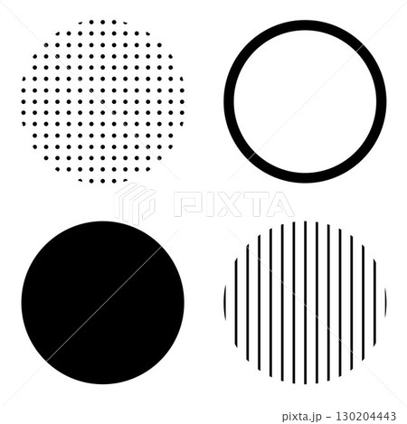 丸い円の幾何学的な図形イラスト素材　黒色　シンプルなドット柄とストライプ縞　ベクターpng透明 130204443