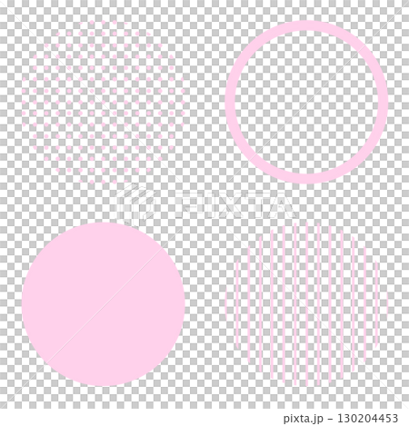 丸い円の幾何学的な図形イラスト素材　ピンク色青系　シンプルなドット柄とストライプ縞　ベクターpng 130204453