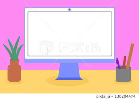 A clean and simple illustration of a computer desk with a blank screen, perfect for adding your own text or images A clean and simple illustration of a computer desk with a blank screen, perfect for adding your own text or images 130204474