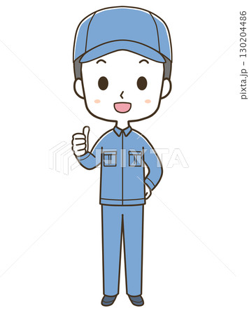 サムズアップする若い男性作業員の全身イラスト 130204486