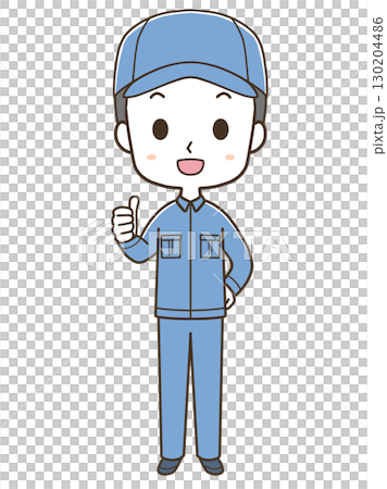 サムズアップする若い男性作業員の全身イラスト 130204486