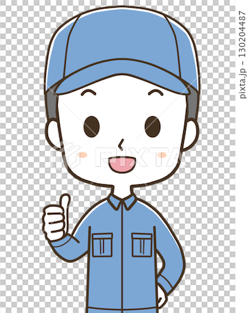 Upper body illustration of a young male worker giving a thumbs up 130204487