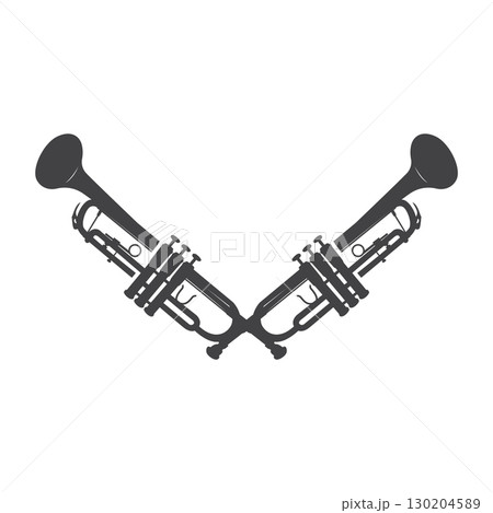 minimalist music trumpet logo design with old vintage concept black silhouette of musical instrument as symbol template 130204589
