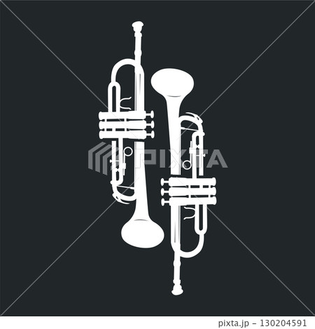minimalist music trumpet logo design with old vintage concept black silhouette of musical instrument as symbol template 130204591