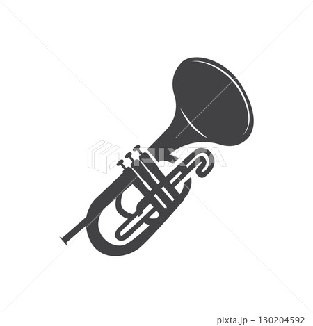 minimalist music trumpet logo design with old vintage concept black silhouette of musical instrument as symbol template 130204592