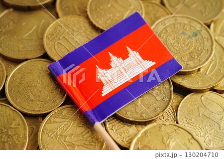 Cambodia flag on coin and banknote money, finance trading investment business currency. Cambodia flag on coin and banknote money, finance trading investment business currency. 130204710