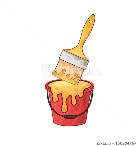 illustration of dipping paint brush into paint bucket 130204767