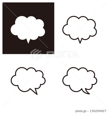 不規則なモコモコの、ふわふわした雲の形の吹き出しセット 130204927
