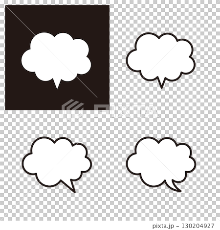 不規則なモコモコの、ふわふわした雲の形の吹き出しセット 130204927