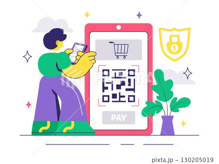 Mobile Payment Vector Illustration featuring Smartphone QR Code Scanning and Smart Wallet Transactions via Credit and Debit Card Applications 130205019