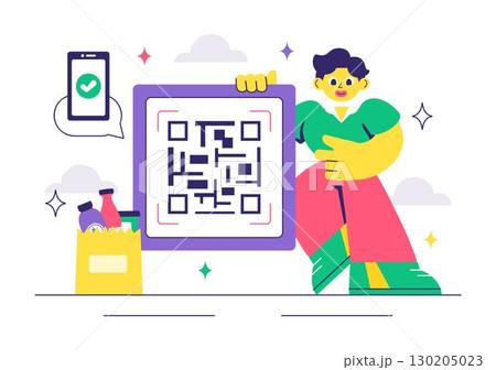 Mobile Payment Vector Illustration featuring Smartphone QR Code Scanning and Smart Wallet Transactions via Credit and Debit Card Applications 130205023