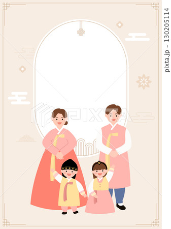 Cute children wearing hanbok on a traditional Korean background. 130205114