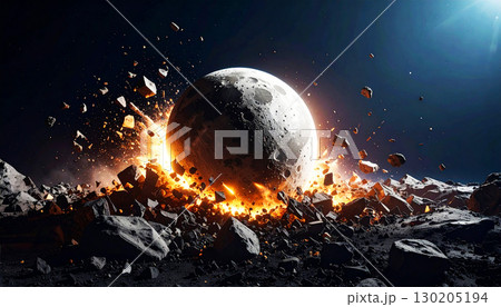 Cosmic moon shattering into fiery fragments and dust in deep space, with glowing debris and dramatic explosion lighting, representing destruction, cosmic energy, and astronomical impact 130205194