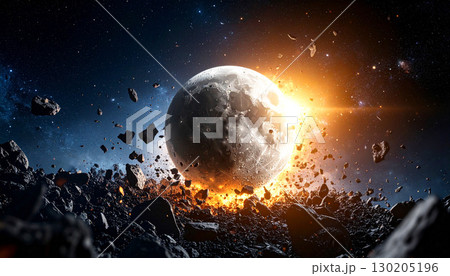 Cosmic moon shattering into fiery fragments and dust in deep space, with glowing debris and dramatic explosion lighting, representing destruction, cosmic energy, and astronomical impact 130205196