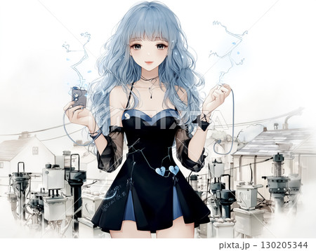 稲妻をまとった電気の妖精のイラスト素材　正面　上半身 130205344