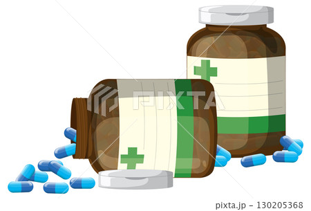 Prescription Pill Bottles with Blue Capsules on White Background 130205368