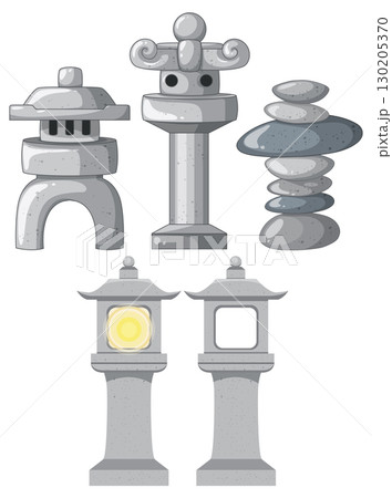 Traditional Japanese Stone Lanterns and Garden Rock Stacks Vector Set 130205370