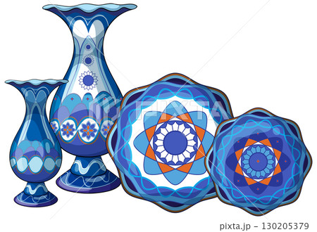 Blue Middle Eastern Vases and Plates with Geometric Patterns 130205379