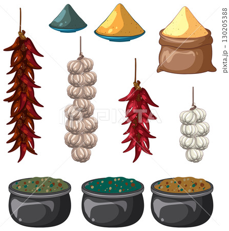 Middle Eastern Spices, Dried Peppers, and Garlic Vector Set Middle Eastern Spices, Dried Peppers, and Garlic Vector Set 130205388