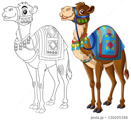Decorated Camel Illustration with Color and Outline Versions 130205398
