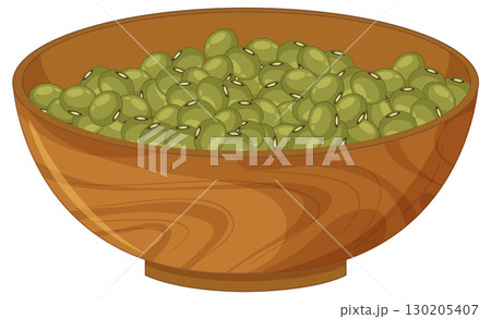 Wooden Bowl Filled With Green Mung Beans 130205407