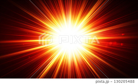 Radiating golden light burst from a central point on dark background, with sparkling particles and glowing rays, symbolizing cosmic energy, creation, hope, and divine brilliance 130205488
