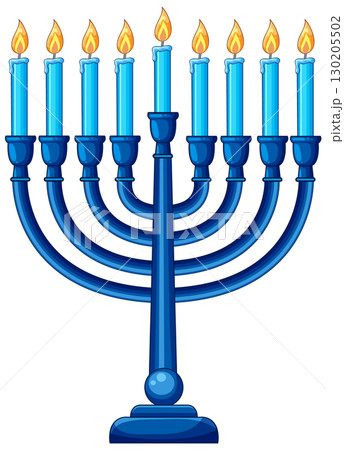 Blue Hanukkah Menorah with Nine Lit Candles Illustration Blue Hanukkah Menorah with Nine Lit Candles Illustration 130205502