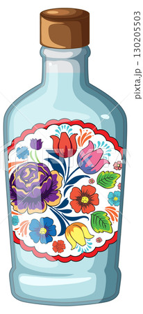 Glass Bottle with Colorful Floral Folk Art Design 130205503