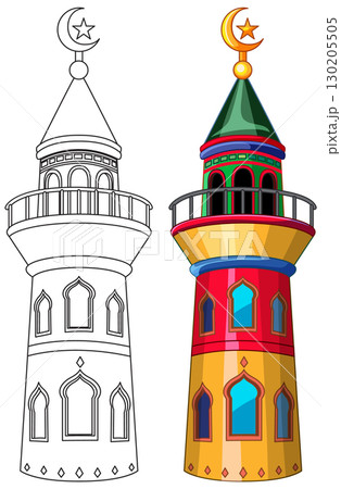 Colorful and Outline Vector Illustration of Middle Eastern Minaret Colorful and Outline Vector Illustration of Middle Eastern Minaret 130205505
