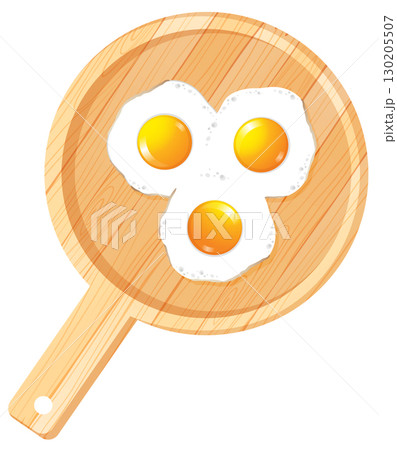 Three Fried Eggs on Wooden Cutting Board Illustration Three Fried Eggs on Wooden Cutting Board Illustration 130205507