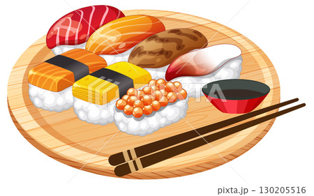 Assorted Sushi Platter with Chopsticks and Soy Sauce 130205516