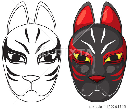 Japanese Fox Mask Vector Illustration with Color and Outline 130205546