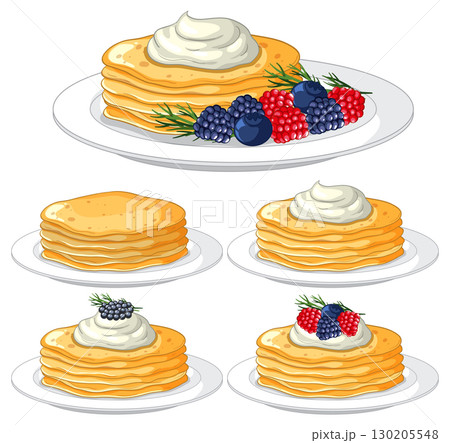 Stack of Pancakes with Whipped Cream and Berries 130205548