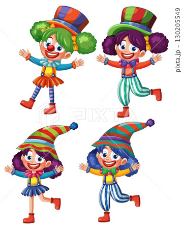 Colorful Cartoon Clowns in Playful Poses Vector Set 130205549