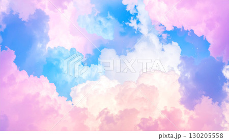 Soft pastel nebula with dreamy pink, lavender, and baby blue clouds, blending into a calming cosmic scene with gentle, surreal atmosphere, clouds in the sky, abstract colorful background 130205558