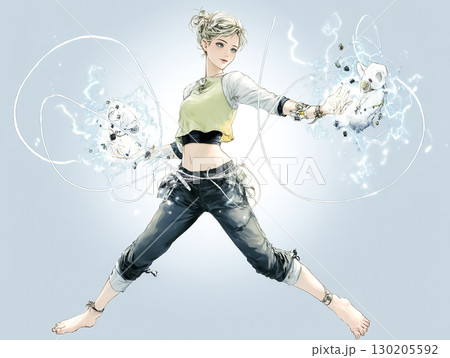 稲妻をまとった電気の妖精のイラスト素材　雷発射ポーズ 130205592