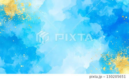 カラフルなテクスチャ背景素材　水彩、金箔、ブルー系 130205651