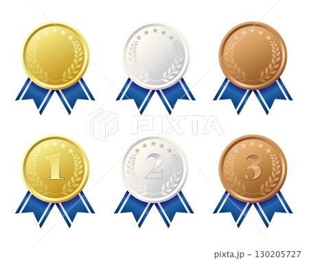 青いリボンと金銀銅のメダルのイラストセット。白背景にベクターイラスト。 青いリボンと金銀銅のメダルのイラストセット。白背景にベクターイラスト。 130205727
