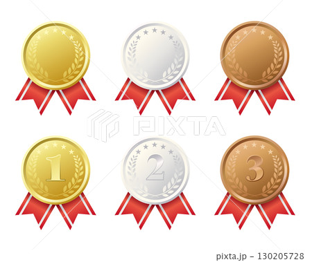赤いリボンと金銀銅のメダルのイラストセット。白背景にベクターイラスト。 赤いリボンと金銀銅のメダルのイラストセット。白背景にベクターイラスト。 130205728