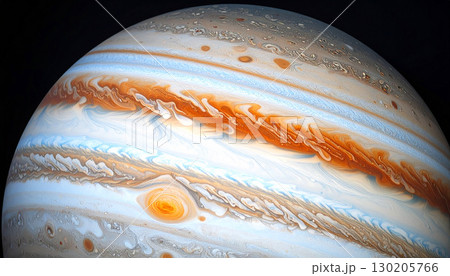 Hyper-realistic close-up of Jupiter with swirling gaseous bands in vivid orange, white, and blue tones, featuring the iconic Great Red Spot, capturing the planet majestic cosmic beauty 130205766